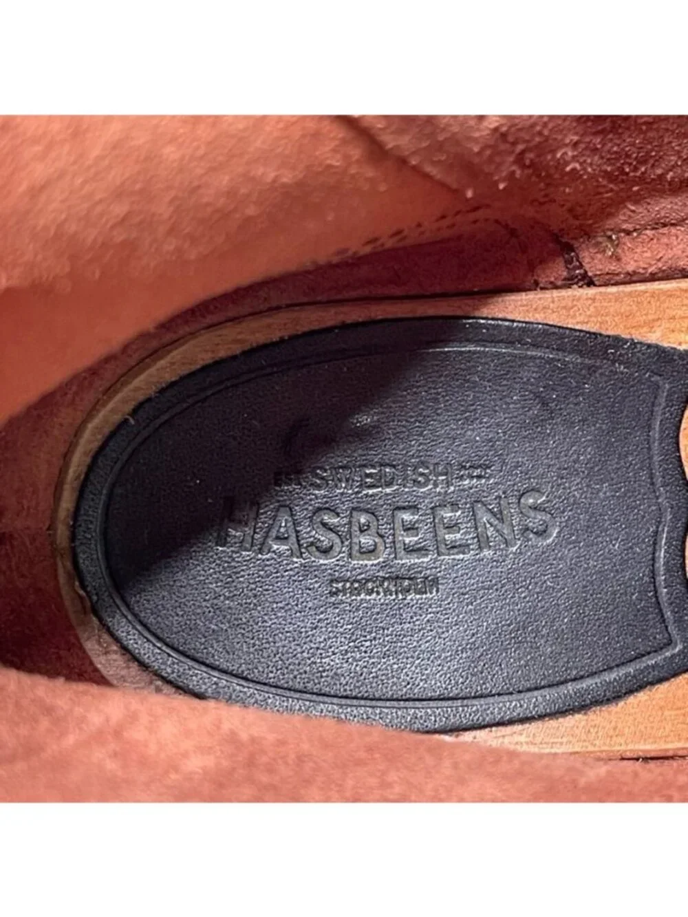 Swedish Hasbeens New Jodhpur Cognac Leather Clog Boots Wood Heel Size 39 / US 9 - Picture 13 of 14